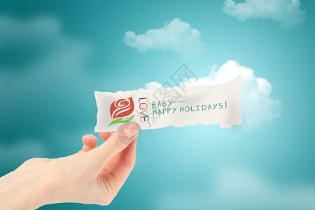 手漂浮绘云元素节日快乐卡片祝福蓝天白云广告背景设计图片