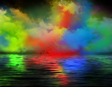 江面渔船彩色云雾黑夜江面倒影设计图片