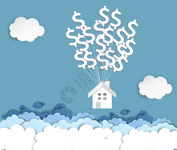 很多云美元货币符号吊着房子插画