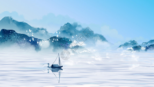 手绘帆船山水手绘中国风设计图片