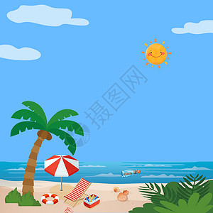 躺椅手绘夏日的沙滩设计图片