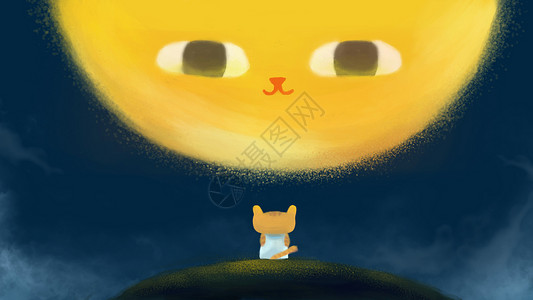 蓬松睡猫儿童插画夜晚猫插画