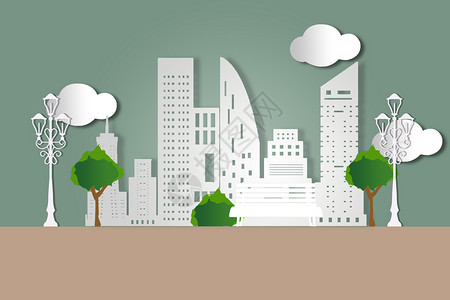 城市绿树手绘城市与白云插画
