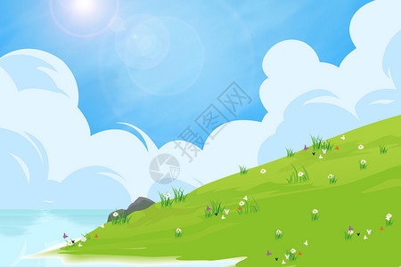 草丛卡通蓝天白云海水青草地背景设计图片