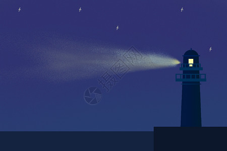 手绘夜晚手绘灯塔照明背景设计图片