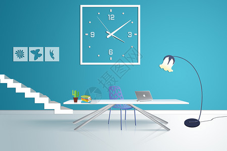 白色电脑桌蓝色电脑房书房设计图片