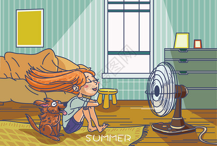 卡通女孩吹风扇夏至消暑插画