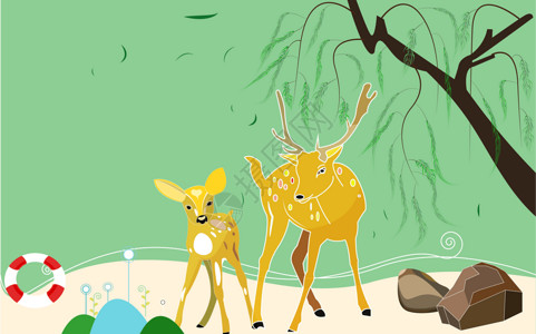 矢量创意小鹿母鹿梅花鹿森林河边玩耍图背景图片