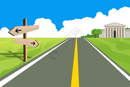 公路指示牌公路两旁的景色背景插画