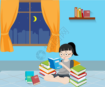 夜晚学校小女孩在看书插画
