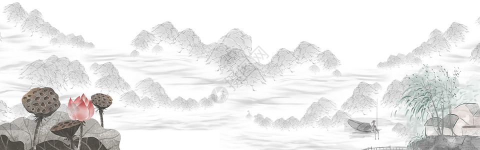 山水手绘中国风古风山水设计图片