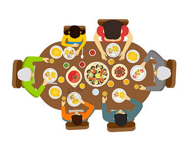 中秋餐桌幸福的一家人一起吃饭插画