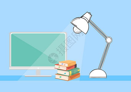 蓝色课桌电脑台灯照亮书本设计图片