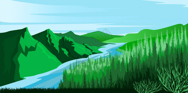 河岸风景手绘蓝天下的山谷与河流插画