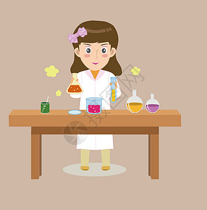 化学实验仪器桌上做化学实验的女孩插画