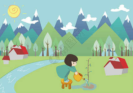 浇水水壶水桶浇树的小女孩设计图片