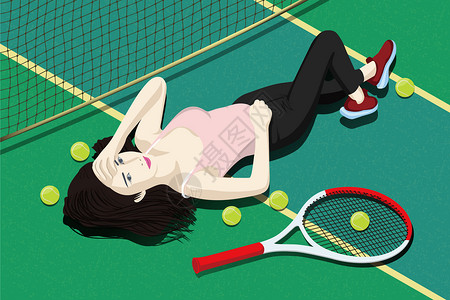 绿色网格网球场躺着的女人插画