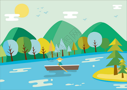 太阳湖小男孩划船山水插画设计图片