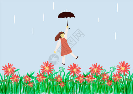 雨天撑伞女孩花丛中打伞的女孩设计图片