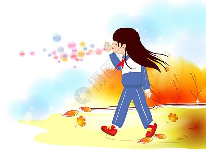 扁平化树叶吹泡泡的女孩插画