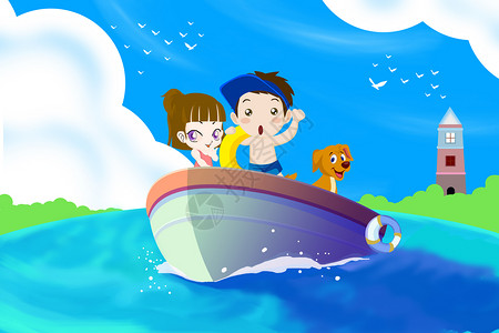卡通游泳圈女孩轮船海洋小朋友插画