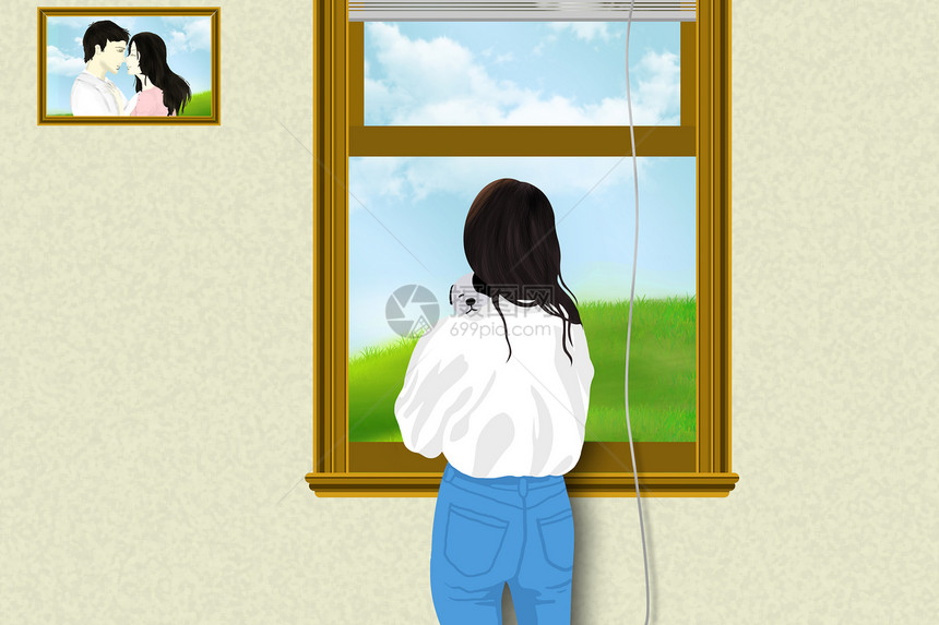 站在窗边看风景的女人图片