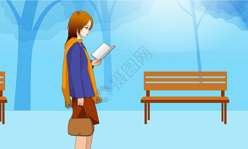 走路看书的女孩看书的大学生插画