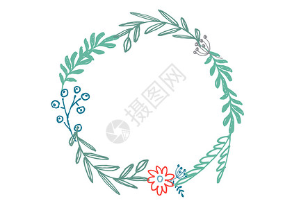 绿色植物叶片手绘花朵装饰花环插画