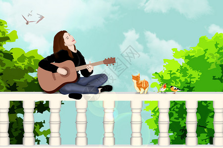 拉小提琴人女孩坐在围栏上奏乐插画