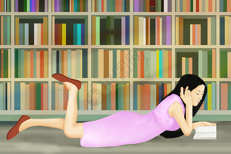 书耳机书架女孩趴在地上看书插画