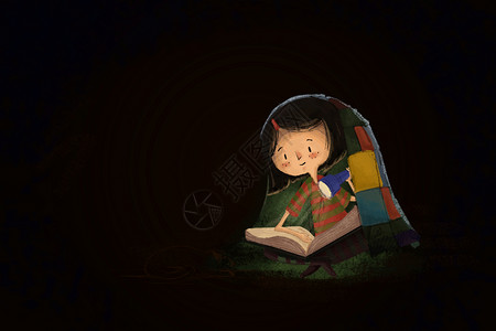 趴着看书男孩夜里看书的女孩插画
