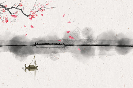 山水和游船人中国风水墨画设计图片