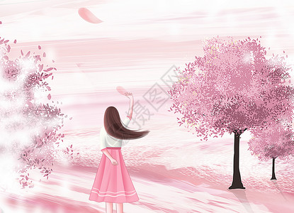 粉色漂亮行李箱唯美风景插画设计图片