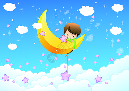 月亮下男孩晚安插画设计图片