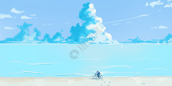 海边骑自行车的男孩插画图片