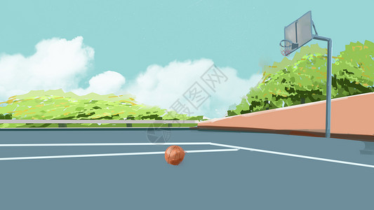 球框手绘放学后的校园篮球场插画