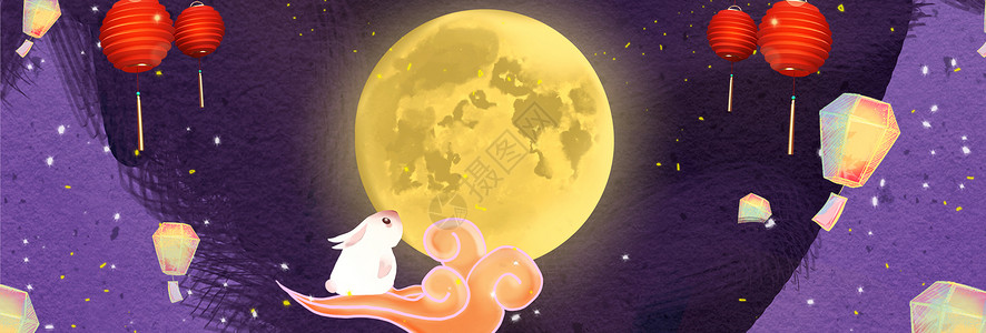 灯笼猫素材手绘月亮中秋节设计图片