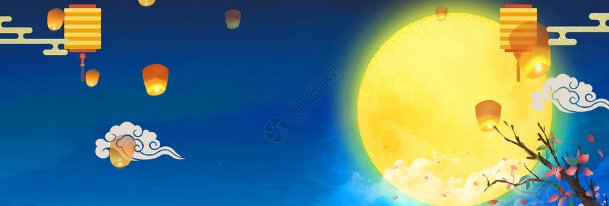 深蓝色夜空荷花月亮中秋节设计图片