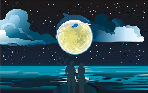 海边夜晚素材唯美海豚星空插画设计图片