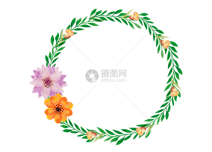 手绘绿叶花朵装饰花环图片