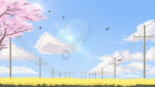 蓝天白云下的春暖花开插画背景图片