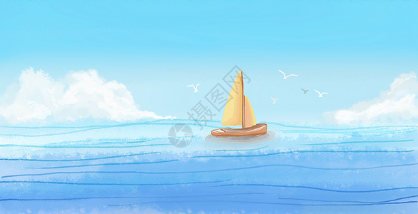 手绘木质帆船手绘水彩海面帆船背景插画