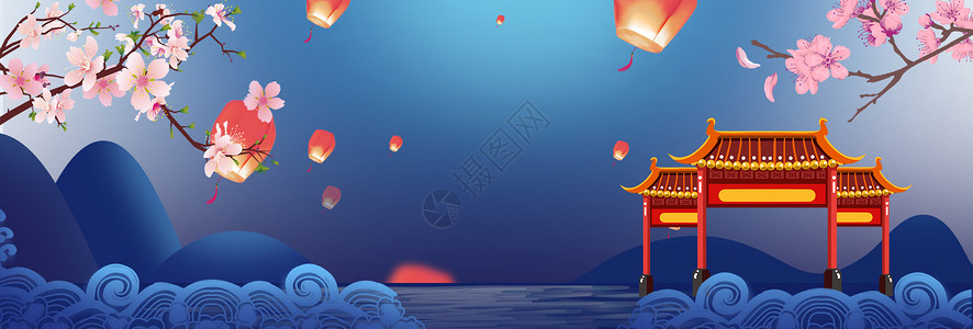 水阁楼中国风动画风景设计图片