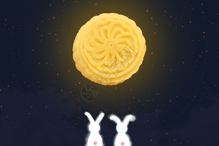 扩散黄色星光中秋望月的兔子插画