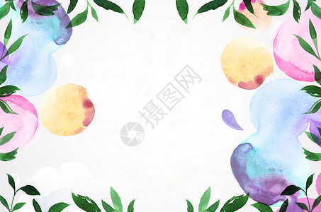 手绘水彩彩蛋和兔子水彩绿叶环绕背景设计图片