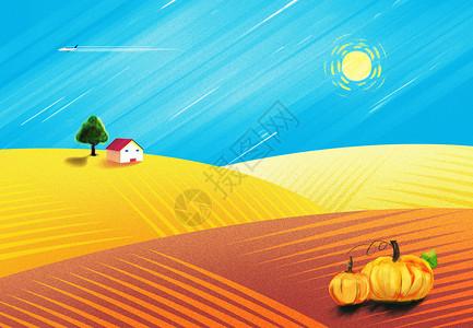 农场土地蓝色的天空金色的土地插画