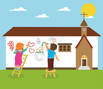 坐在屋顶孩子儿童墙上画画设计图片