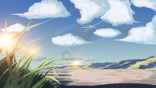 春天的草手绘蓝天白云下的自然风景插画