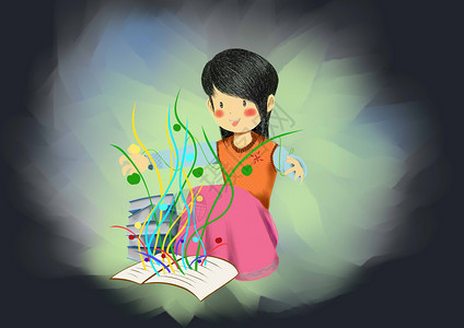 连拍素材单独矢量手绘看书的小女孩插画