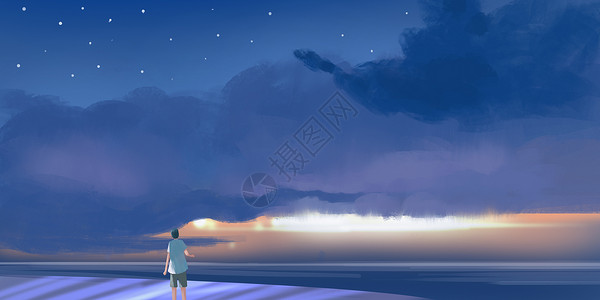 星空海滩夜晚海滩星空插画插画